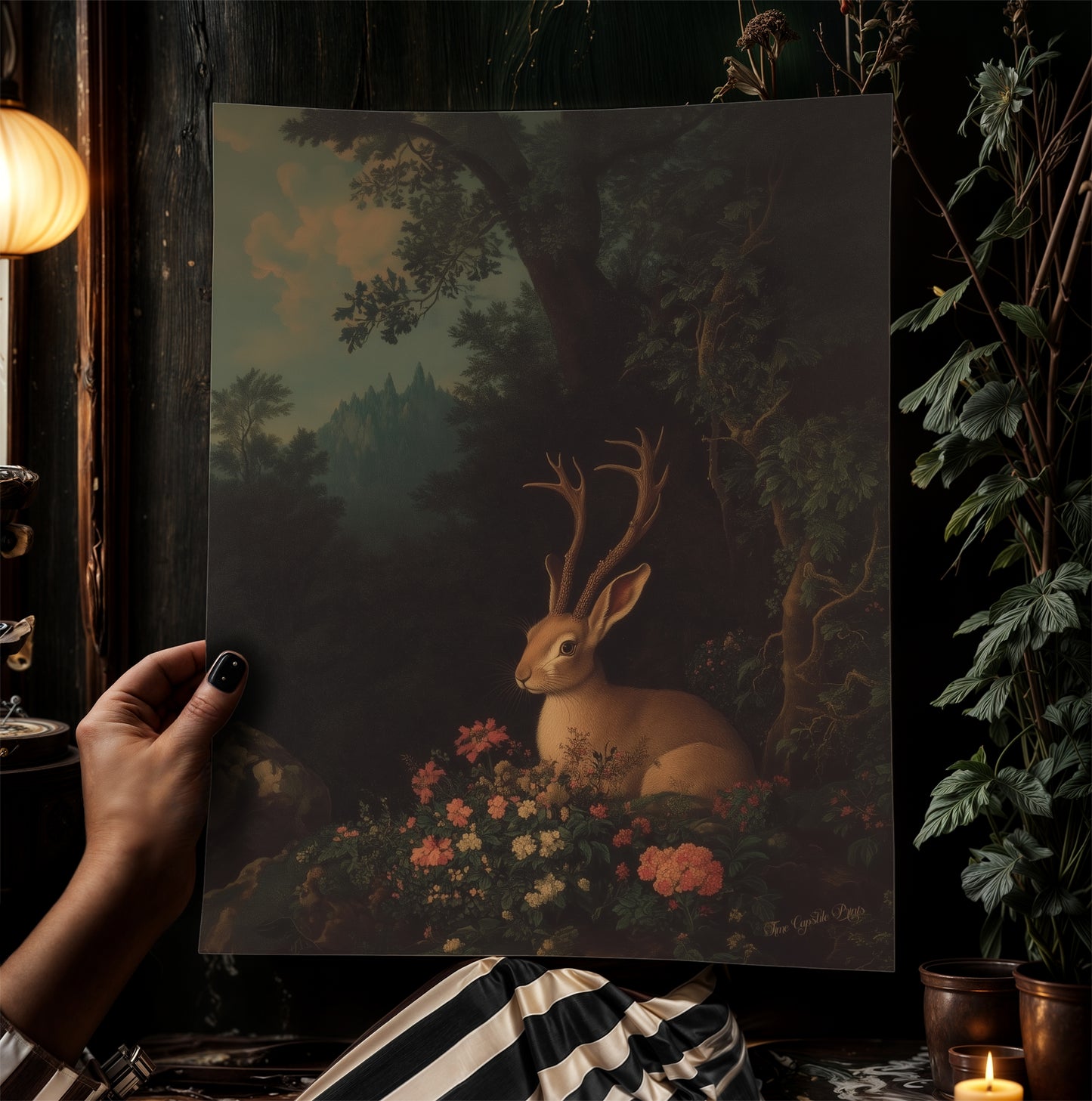 Floral Moody Jackalope Art Print, Surreal Hare Hybrid Wall Decor, Mystical Forest Animal Portrait, Folklore Cryptid Fairycore Wall Art