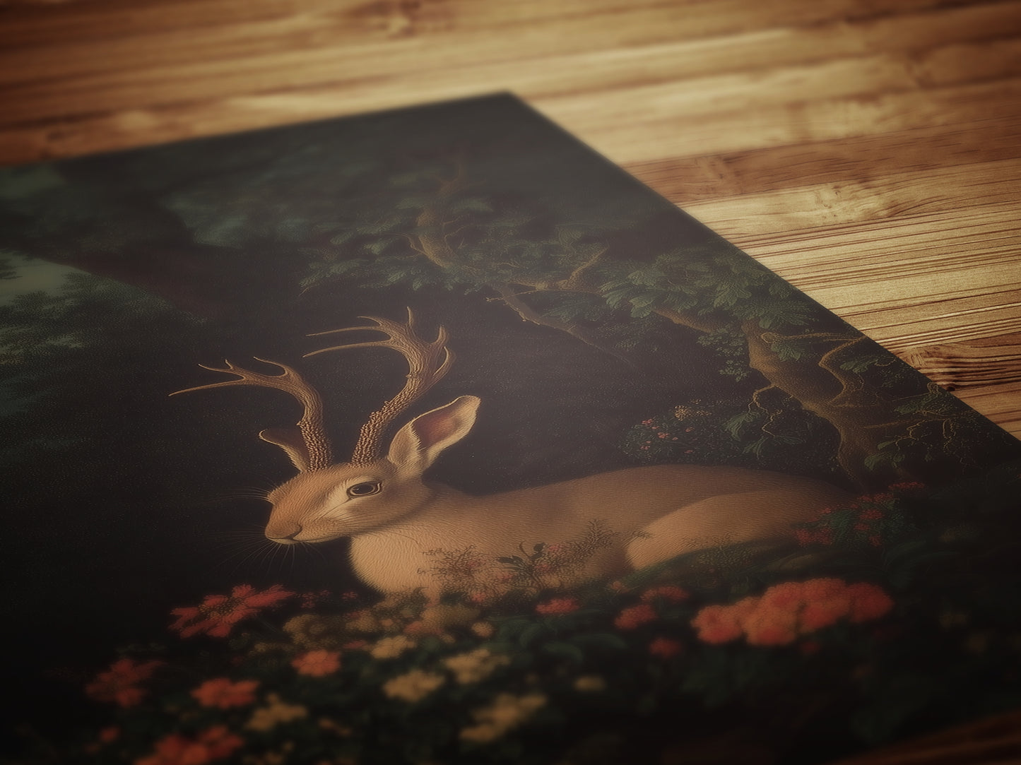 Floral Moody Jackalope Art Print, Surreal Hare Hybrid Wall Decor, Mystical Forest Animal Portrait, Folklore Cryptid Fairycore Wall Art