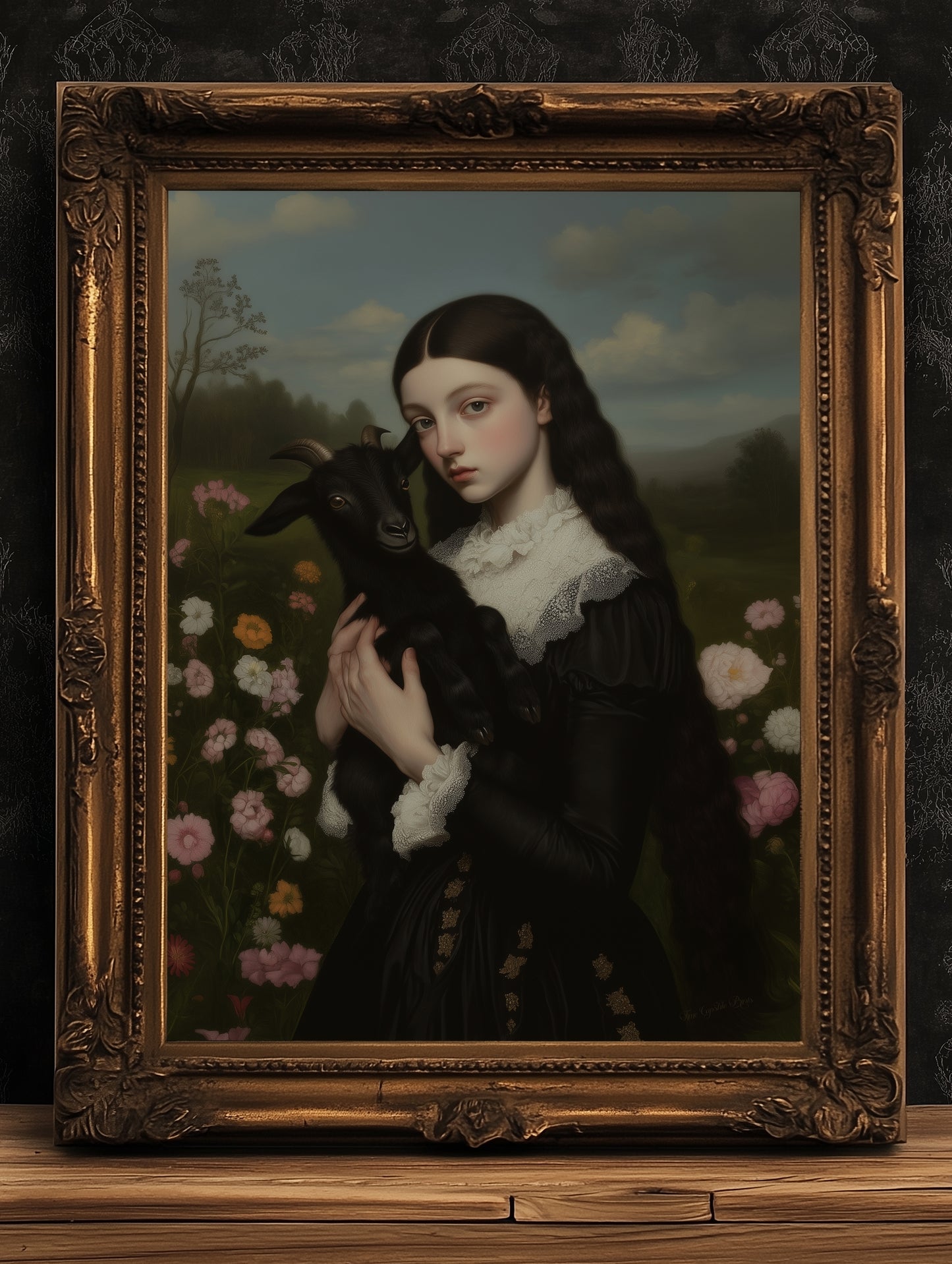 Gothic Woman Holding Black Goat, Baby Black Phillip, Whimsigoth Dark Baphomet Cottagecore Wall Decor, Witchy Painting Art Print Gift For Her