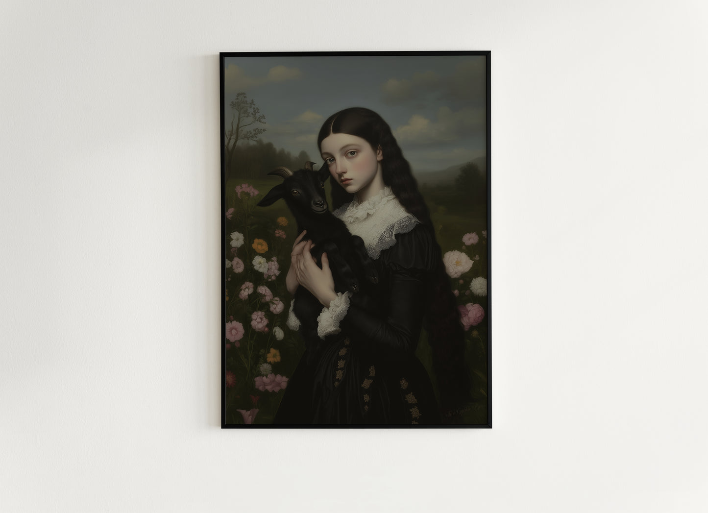 Gothic Woman Holding Black Goat, Baby Black Phillip, Whimsigoth Dark Baphomet Cottagecore Wall Decor, Witchy Painting Art Print Gift For Her