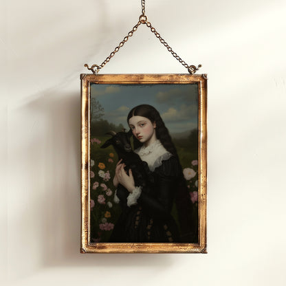 Gothic Woman Holding Black Goat, Baby Black Phillip, Whimsigoth Dark Baphomet Cottagecore Wall Decor, Witchy Painting Art Print Gift For Her