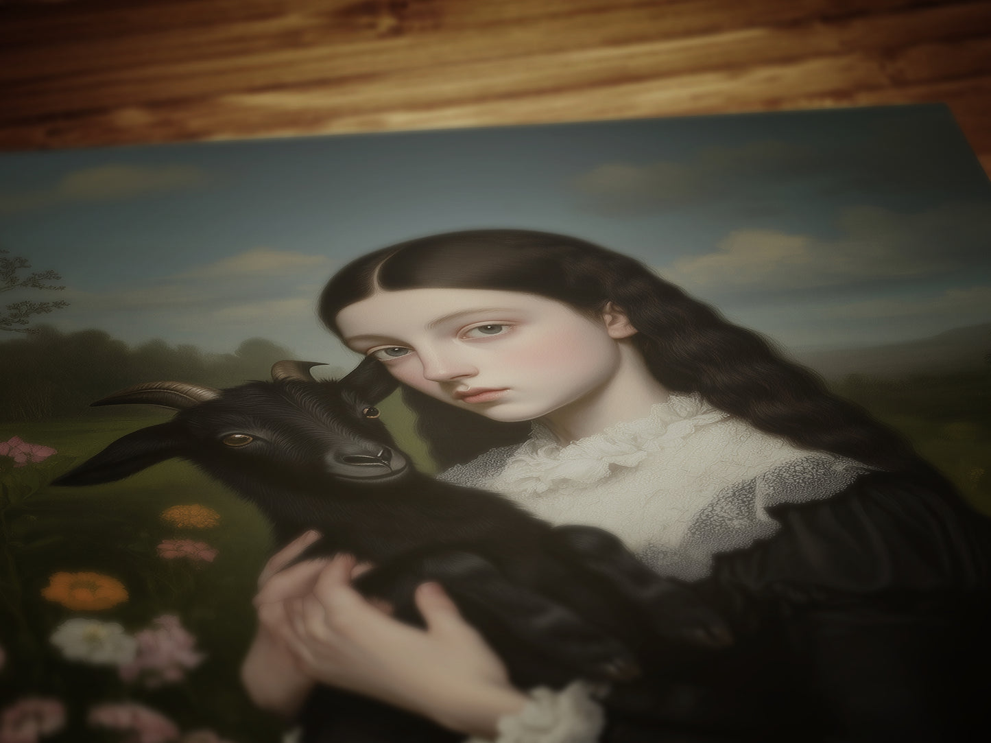 Gothic Woman Holding Black Goat, Baby Black Phillip, Whimsigoth Dark Baphomet Cottagecore Wall Decor, Witchy Painting Art Print Gift For Her