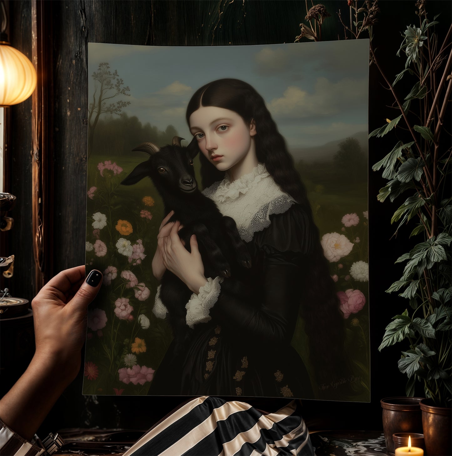 Gothic Woman Holding Black Goat, Baby Black Phillip, Whimsigoth Dark Baphomet Cottagecore Wall Decor, Witchy Painting Art Print Gift For Her