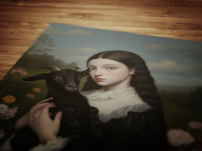 Gothic Woman Holding Black Goat, Baby Black Phillip, Whimsigoth Dark Baphomet Cottagecore Wall Decor, Witchy Painting Art Print Gift For Her
