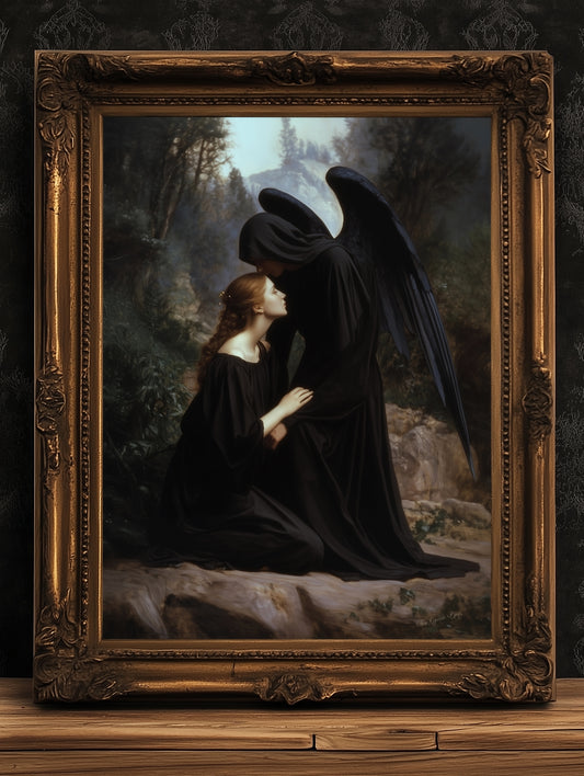 Angel Of Death And Woman, Gothic Art Print, Dark Romantic Wall Decor Poster, Fantasy Grief Painting, Mysterious Witchy Gift For Her