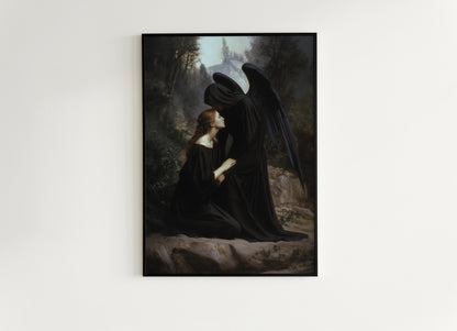Angel Of Death And Woman, Gothic Art Print, Dark Romantic Wall Decor Poster, Fantasy Grief Painting, Mysterious Witchy Gift For Her