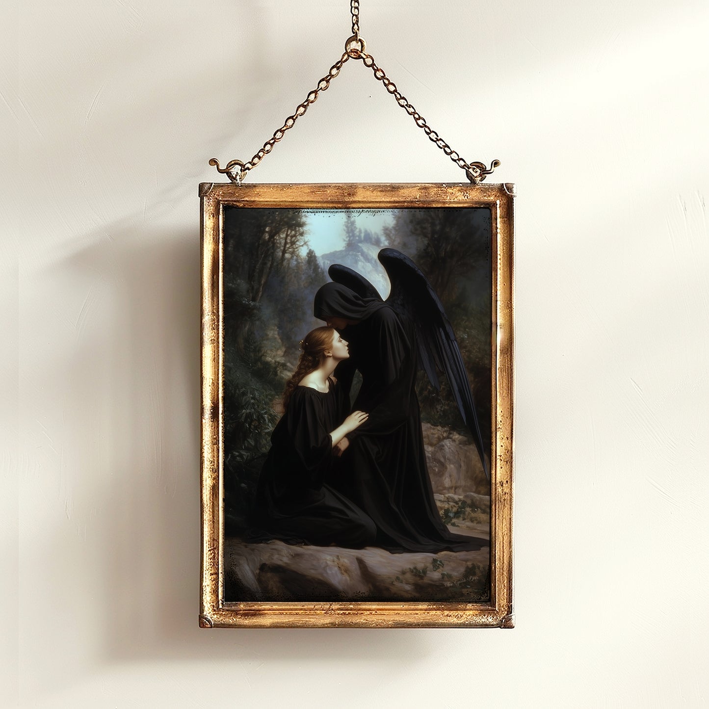 Angel Of Death And Woman, Gothic Art Print, Dark Romantic Wall Decor Poster, Fantasy Grief Painting, Mysterious Witchy Gift For Her