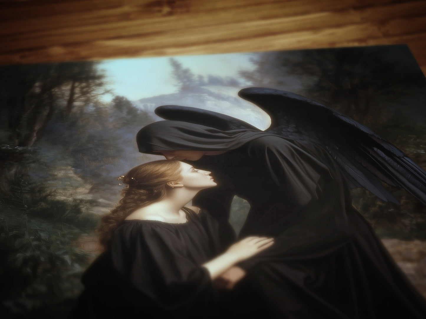 Angel Of Death And Woman, Gothic Art Print, Dark Romantic Wall Decor Poster, Fantasy Grief Painting, Mysterious Witchy Gift For Her