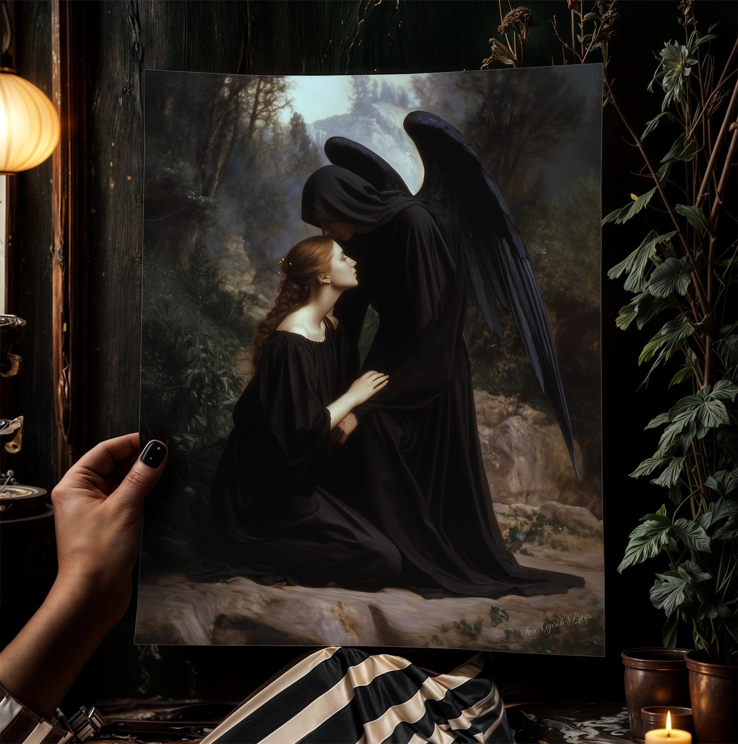Angel Of Death And Woman, Gothic Art Print, Dark Romantic Wall Decor Poster, Fantasy Grief Painting, Mysterious Witchy Gift For Her