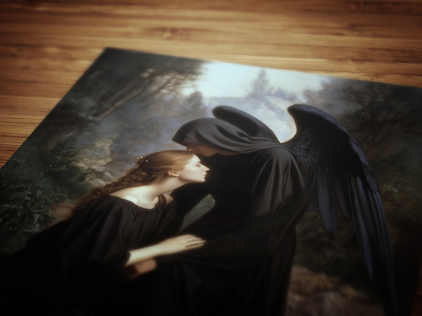 Angel Of Death And Woman, Gothic Art Print, Dark Romantic Wall Decor Poster, Fantasy Grief Painting, Mysterious Witchy Gift For Her