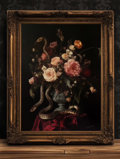 Dark Floral Bouquet And Snakes, Still Life Whimsigoth Art Print, Vintage Painting Style for Witchy Gothic Wall Decor and Surreal Poster