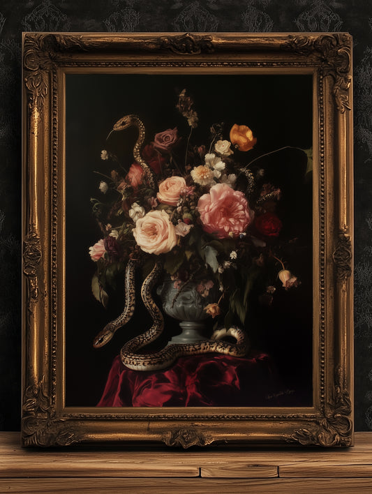 Dark Floral Bouquet And Snakes, Still Life Whimsigoth Art Print, Vintage Painting Style for Witchy Gothic Wall Decor and Surreal Poster