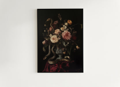 Dark Floral Bouquet And Snakes, Still Life Whimsigoth Art Print, Vintage Painting Style for Witchy Gothic Wall Decor and Surreal Poster