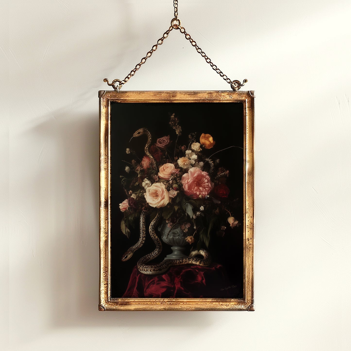 Dark Floral Bouquet And Snakes, Still Life Whimsigoth Art Print, Vintage Painting Style for Witchy Gothic Wall Decor and Surreal Poster