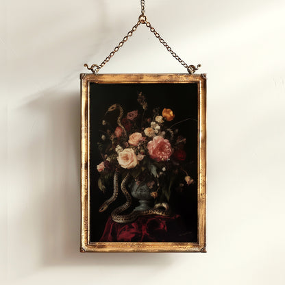 Dark Floral Bouquet And Snakes, Still Life Whimsigoth Art Print, Vintage Painting Style for Witchy Gothic Wall Decor and Surreal Poster
