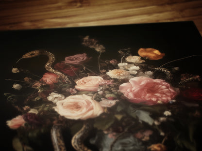 Dark Floral Bouquet And Snakes, Still Life Whimsigoth Art Print, Vintage Painting Style for Witchy Gothic Wall Decor and Surreal Poster
