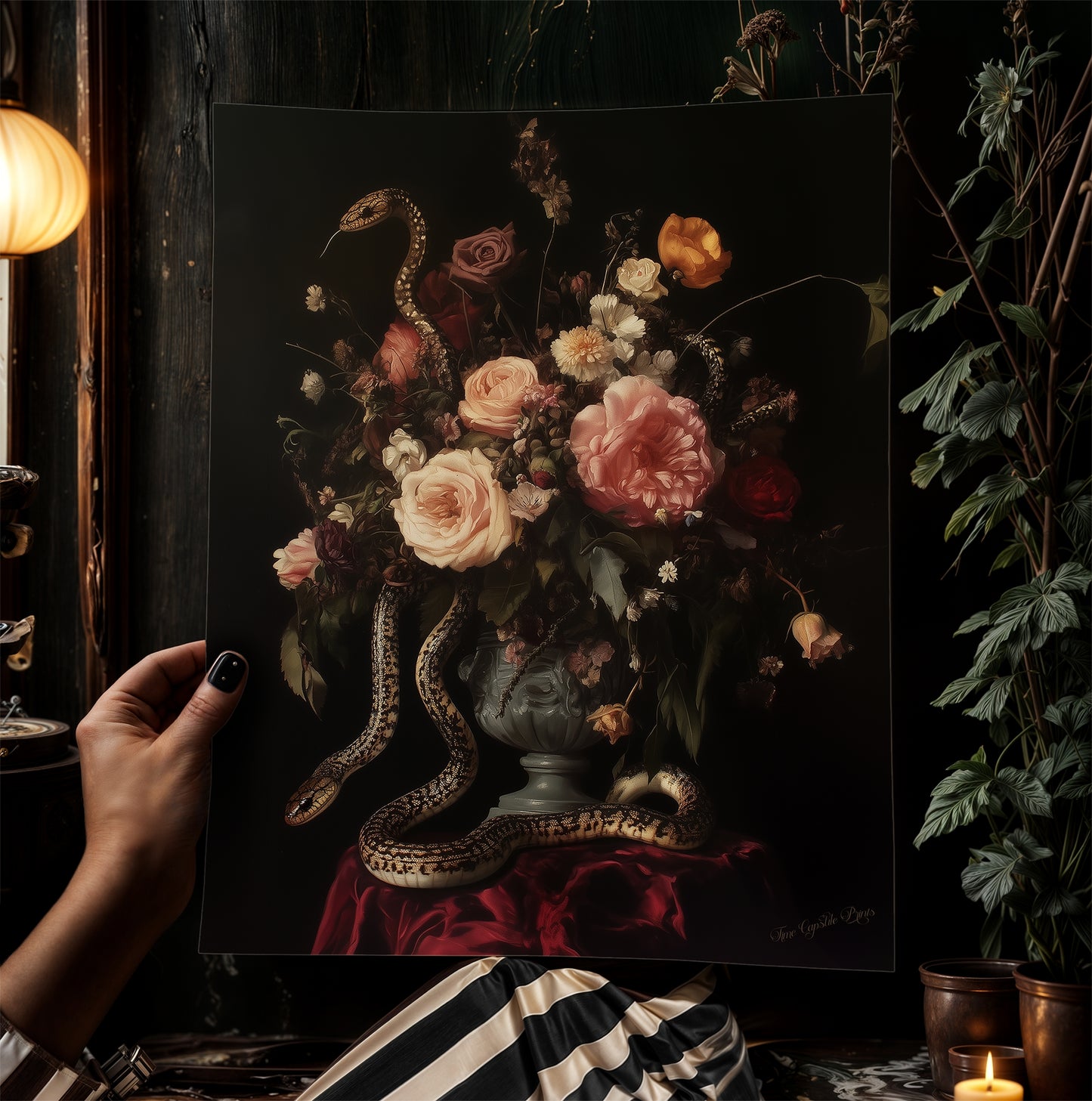 Dark Floral Bouquet And Snakes, Still Life Whimsigoth Art Print, Vintage Painting Style for Witchy Gothic Wall Decor and Surreal Poster
