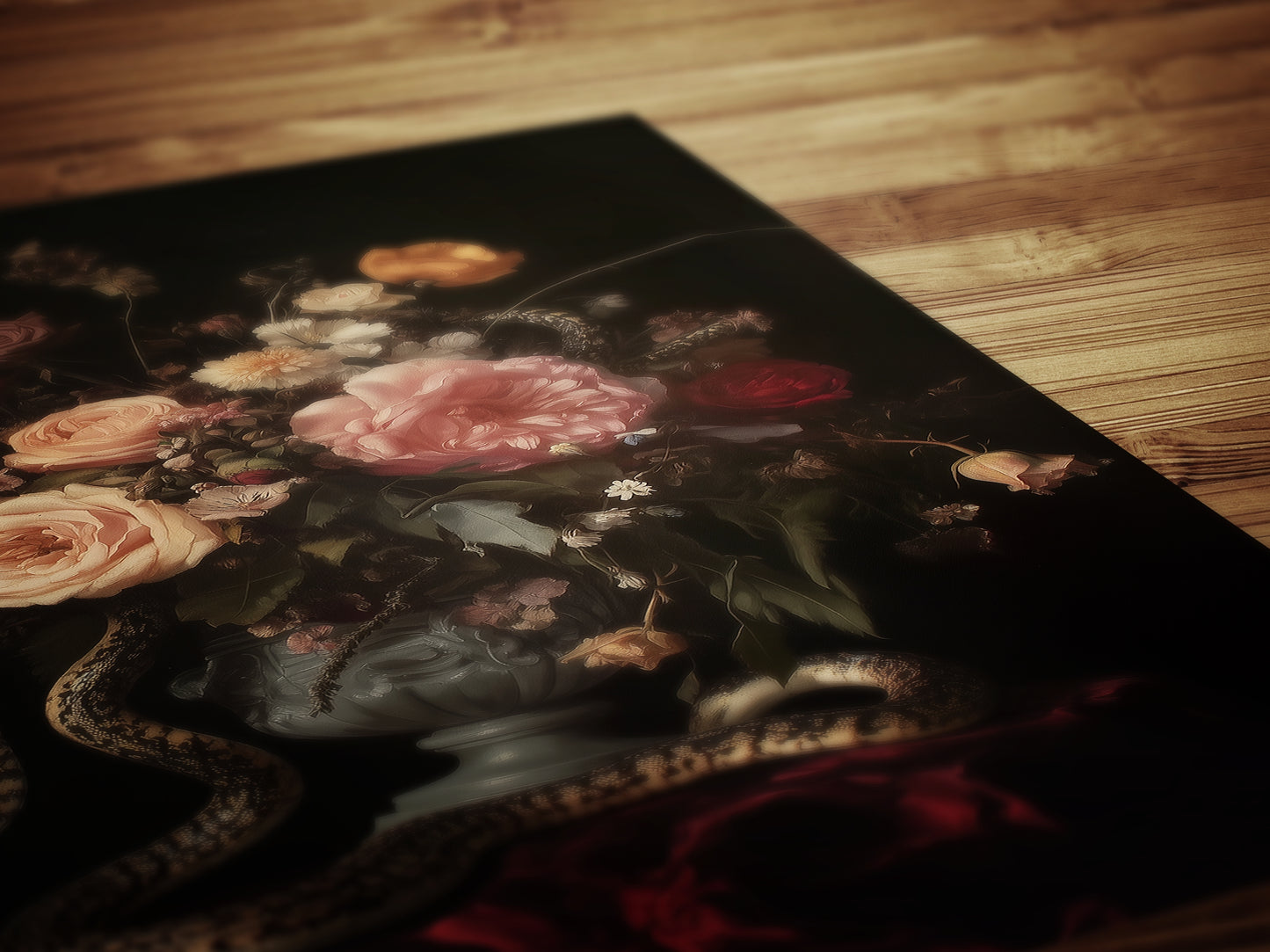 Dark Floral Bouquet And Snakes, Still Life Whimsigoth Art Print, Vintage Painting Style for Witchy Gothic Wall Decor and Surreal Poster