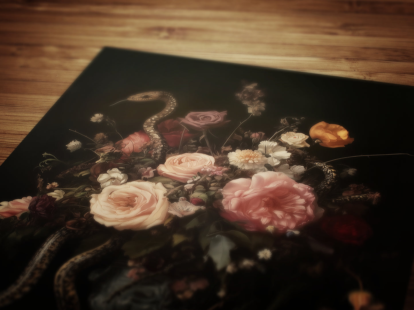 Dark Floral Bouquet And Snakes, Still Life Whimsigoth Art Print, Vintage Painting Style for Witchy Gothic Wall Decor and Surreal Poster