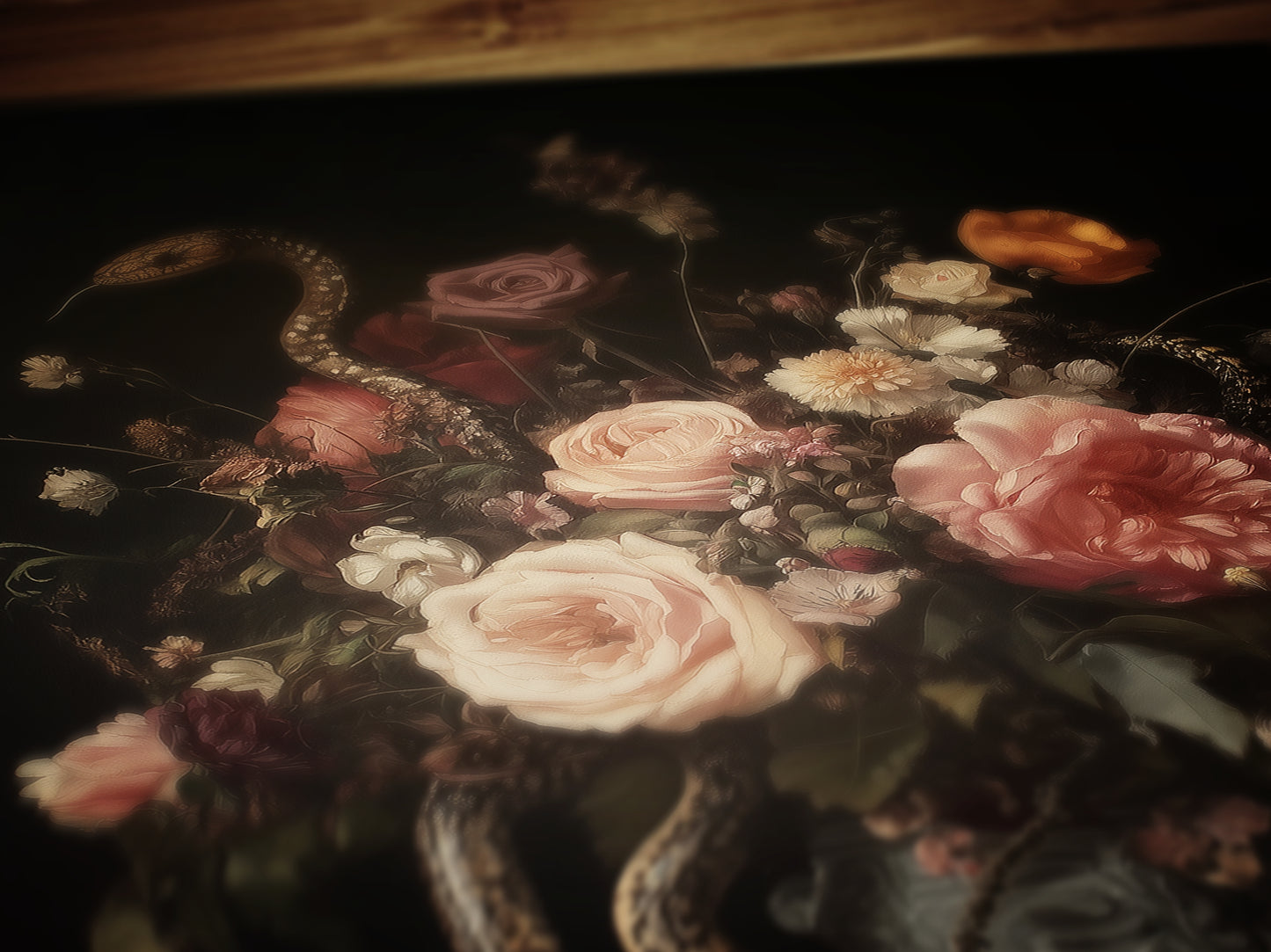 Dark Floral Bouquet And Snakes, Still Life Whimsigoth Art Print, Vintage Painting Style for Witchy Gothic Wall Decor and Surreal Poster