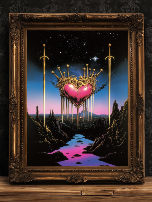 Surreal Sacred Heart with Swords Art Print in Dreamcore Retro Fantasy Style for Whimsigoth Wall Decor and Gothic Romance Aesthetic