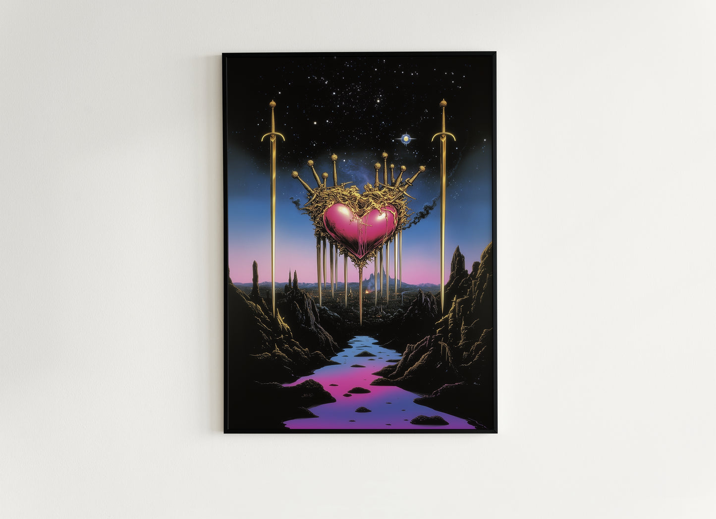 Surreal Sacred Heart with Swords Art Print in Dreamcore Retro Fantasy Style for Whimsigoth Wall Decor and Gothic Romance Aesthetic
