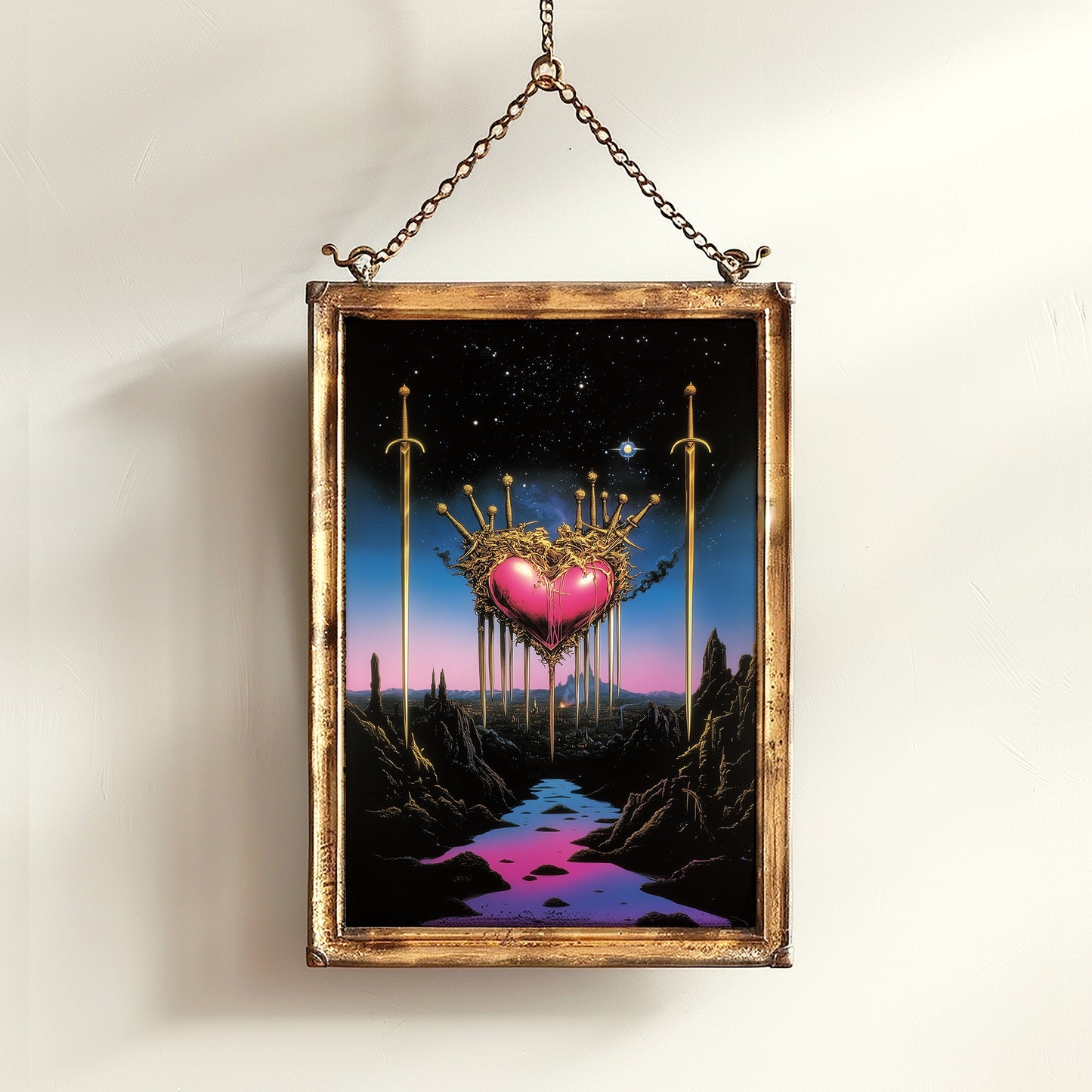 Surreal Sacred Heart with Swords Art Print in Dreamcore Retro Fantasy Style for Whimsigoth Wall Decor and Gothic Romance Aesthetic