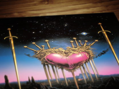 Surreal Sacred Heart with Swords Art Print in Dreamcore Retro Fantasy Style for Whimsigoth Wall Decor and Gothic Romance Aesthetic