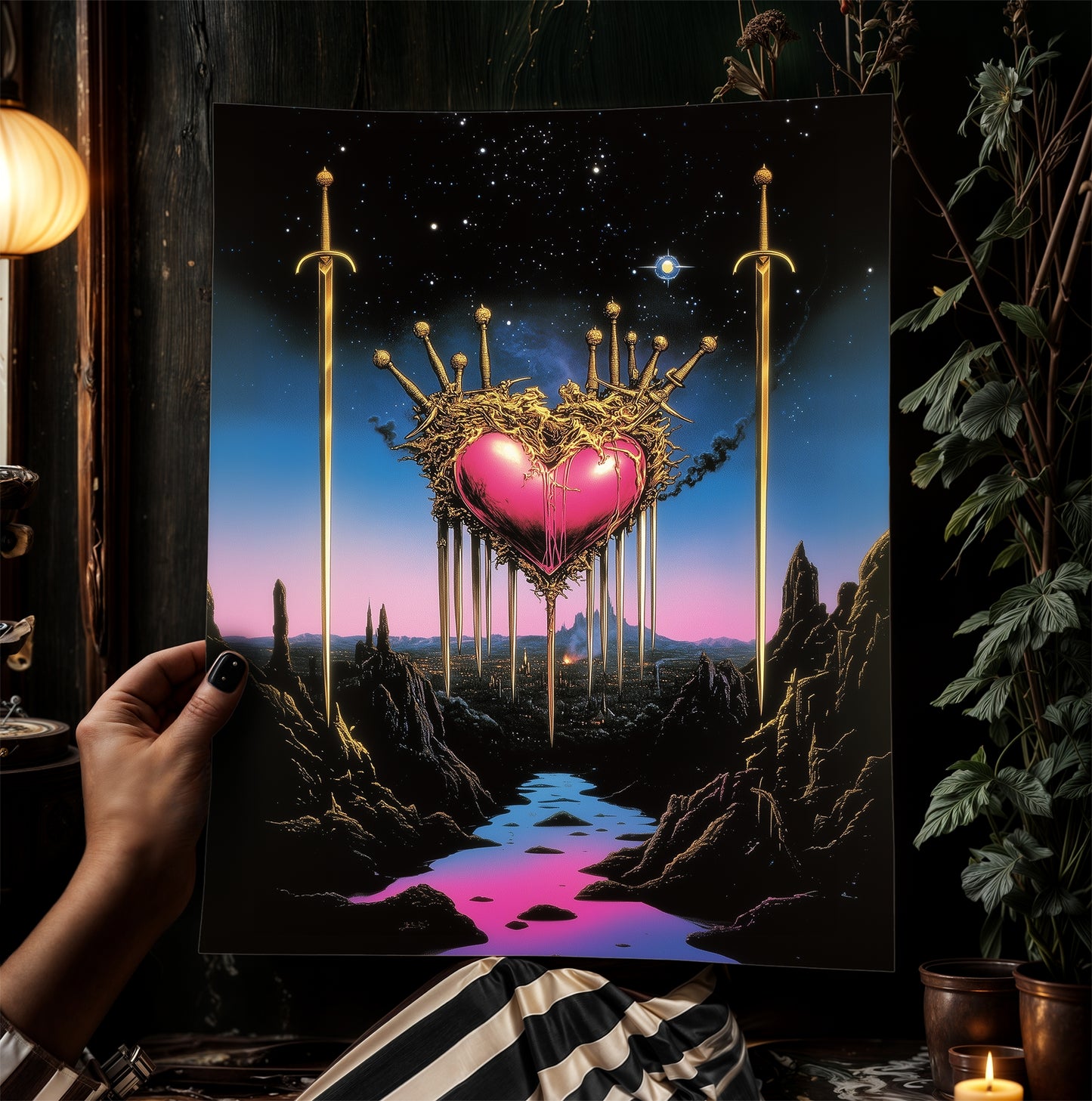 Surreal Sacred Heart with Swords Art Print in Dreamcore Retro Fantasy Style for Whimsigoth Wall Decor and Gothic Romance Aesthetic