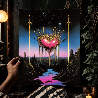Surreal Sacred Heart with Swords Art Print in Dreamcore Retro Fantasy Style for Whimsigoth Wall Decor and Gothic Romance Aesthetic