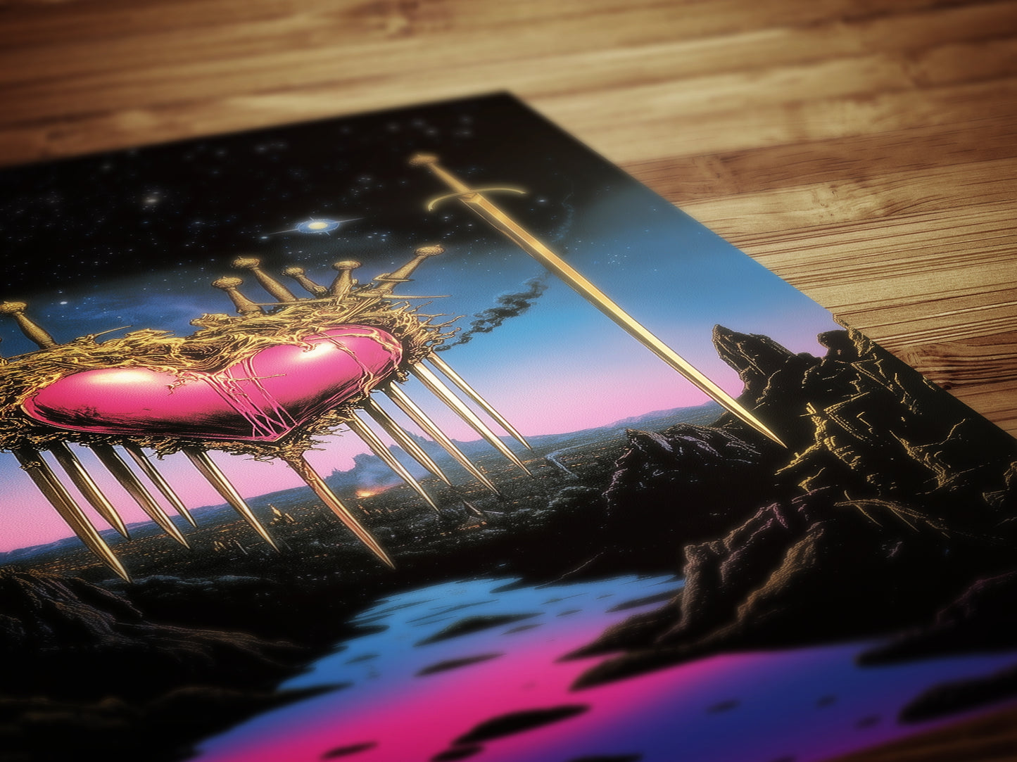 Surreal Sacred Heart with Swords Art Print in Dreamcore Retro Fantasy Style for Whimsigoth Wall Decor and Gothic Romance Aesthetic