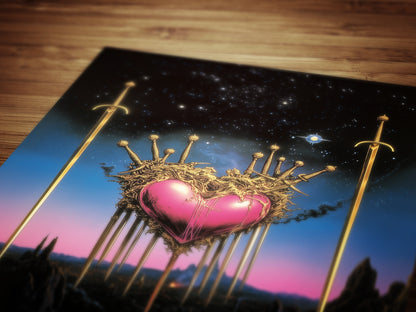 Surreal Sacred Heart with Swords Art Print in Dreamcore Retro Fantasy Style for Whimsigoth Wall Decor and Gothic Romance Aesthetic