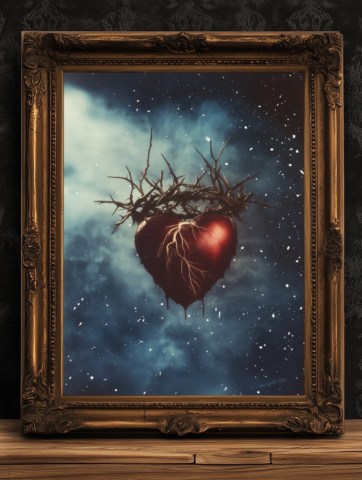 Sacred Heart With Crown Of Thorns Floating in Cosmic Sky Digital Art Print for Gothic Dreamcore Decor and Emotional Fantasy Wall Poster