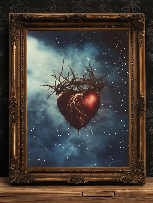 Sacred Heart With Crown Of Thorns Floating in Cosmic Sky Digital Art Print for Gothic Dreamcore Decor and Emotional Fantasy Wall Poster