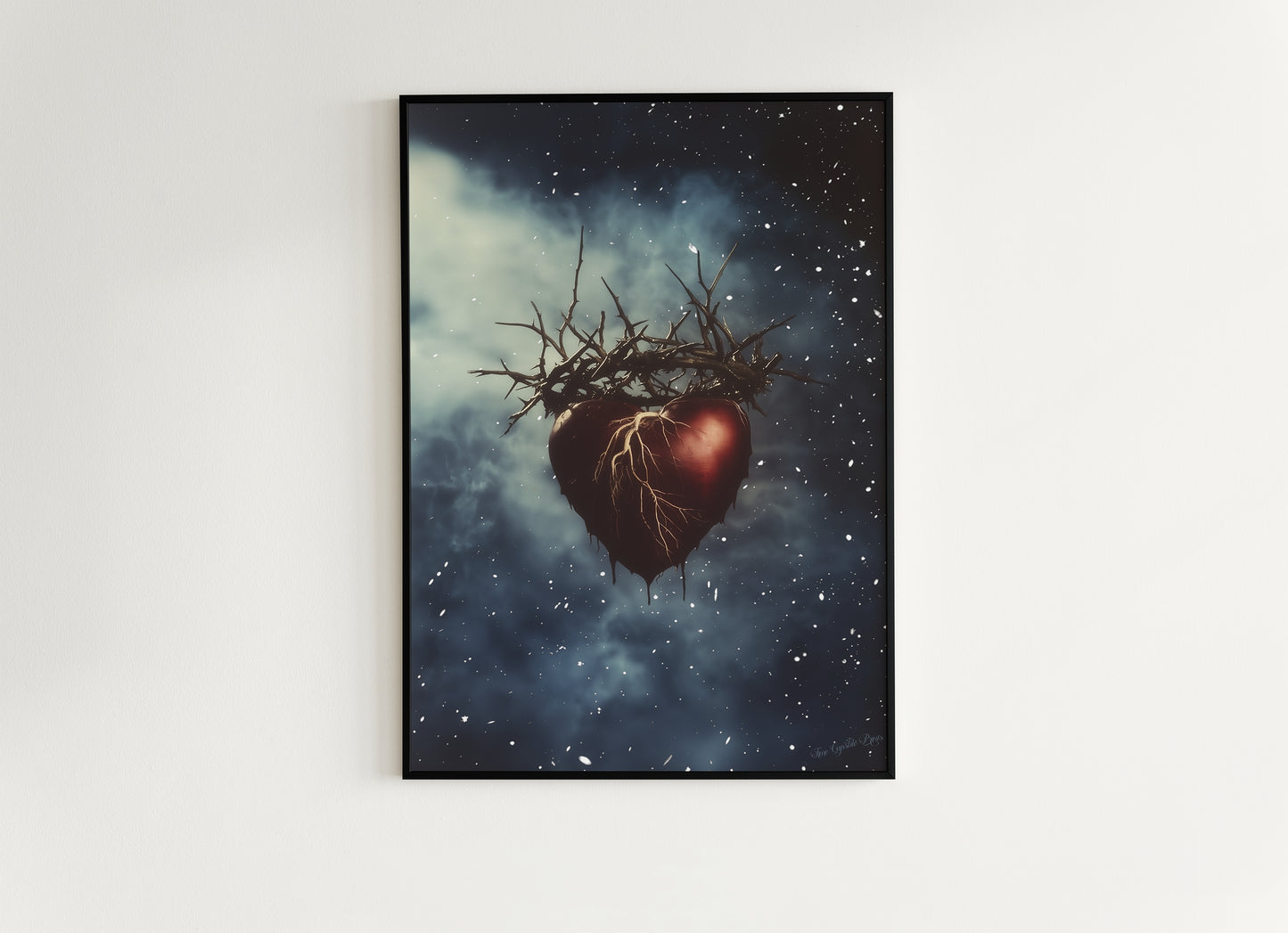 Sacred Heart With Crown Of Thorns Floating in Cosmic Sky Digital Art Print for Gothic Dreamcore Decor and Emotional Fantasy Wall Poster