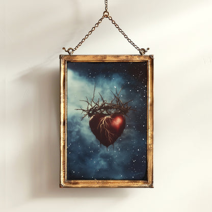 Sacred Heart With Crown Of Thorns Floating in Cosmic Sky Digital Art Print for Gothic Dreamcore Decor and Emotional Fantasy Wall Poster