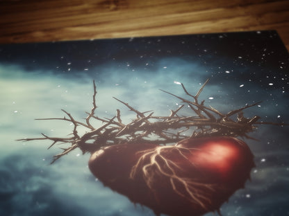 Sacred Heart With Crown Of Thorns Floating in Cosmic Sky Digital Art Print for Gothic Dreamcore Decor and Emotional Fantasy Wall Poster