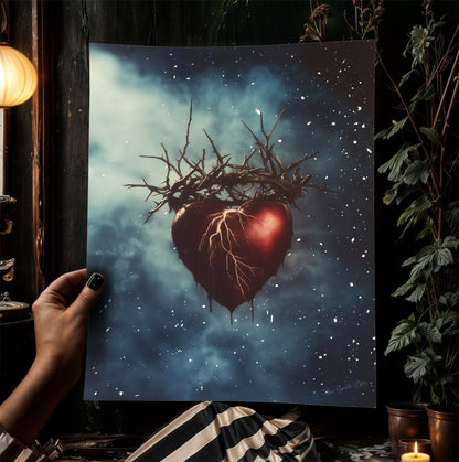 Sacred Heart With Crown Of Thorns Floating in Cosmic Sky Digital Art Print for Gothic Dreamcore Decor and Emotional Fantasy Wall Poster