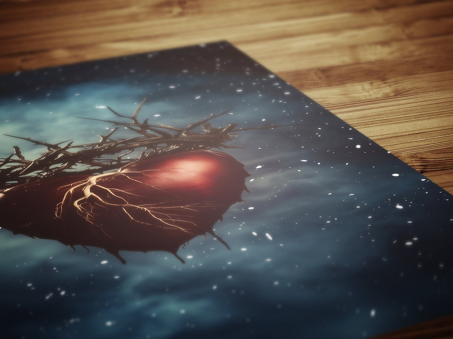 Sacred Heart With Crown Of Thorns Floating in Cosmic Sky Digital Art Print for Gothic Dreamcore Decor and Emotional Fantasy Wall Poster