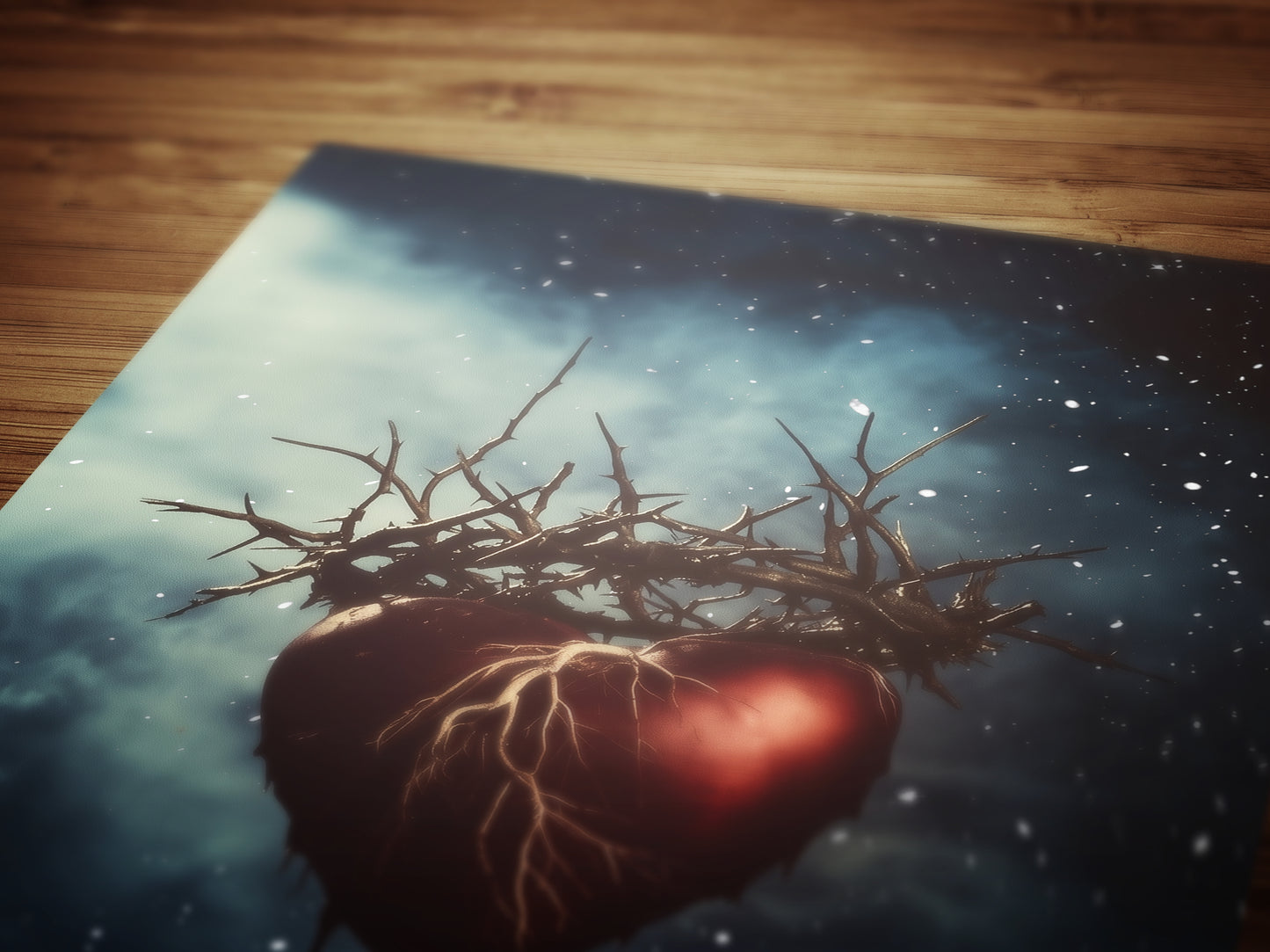 Sacred Heart With Crown Of Thorns Floating in Cosmic Sky Digital Art Print for Gothic Dreamcore Decor and Emotional Fantasy Wall Poster