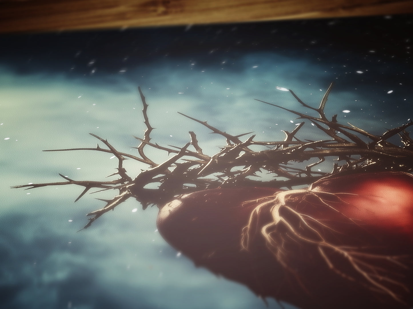 Sacred Heart With Crown Of Thorns Floating in Cosmic Sky Digital Art Print for Gothic Dreamcore Decor and Emotional Fantasy Wall Poster