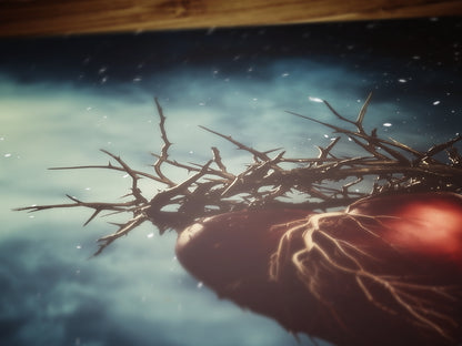 Sacred Heart With Crown Of Thorns Floating in Cosmic Sky Digital Art Print for Gothic Dreamcore Decor and Emotional Fantasy Wall Poster