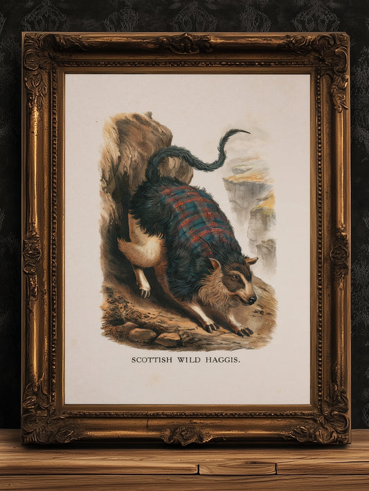 Scottish Wild Haggis Vintage Style Digital Art Print with Tartan Fur for Funny Cryptid Wall Decor and Cottagecore Folklore Poster