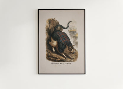 Scottish Wild Haggis Vintage Style Digital Art Print with Tartan Fur for Funny Cryptid Wall Decor and Cottagecore Folklore Poster