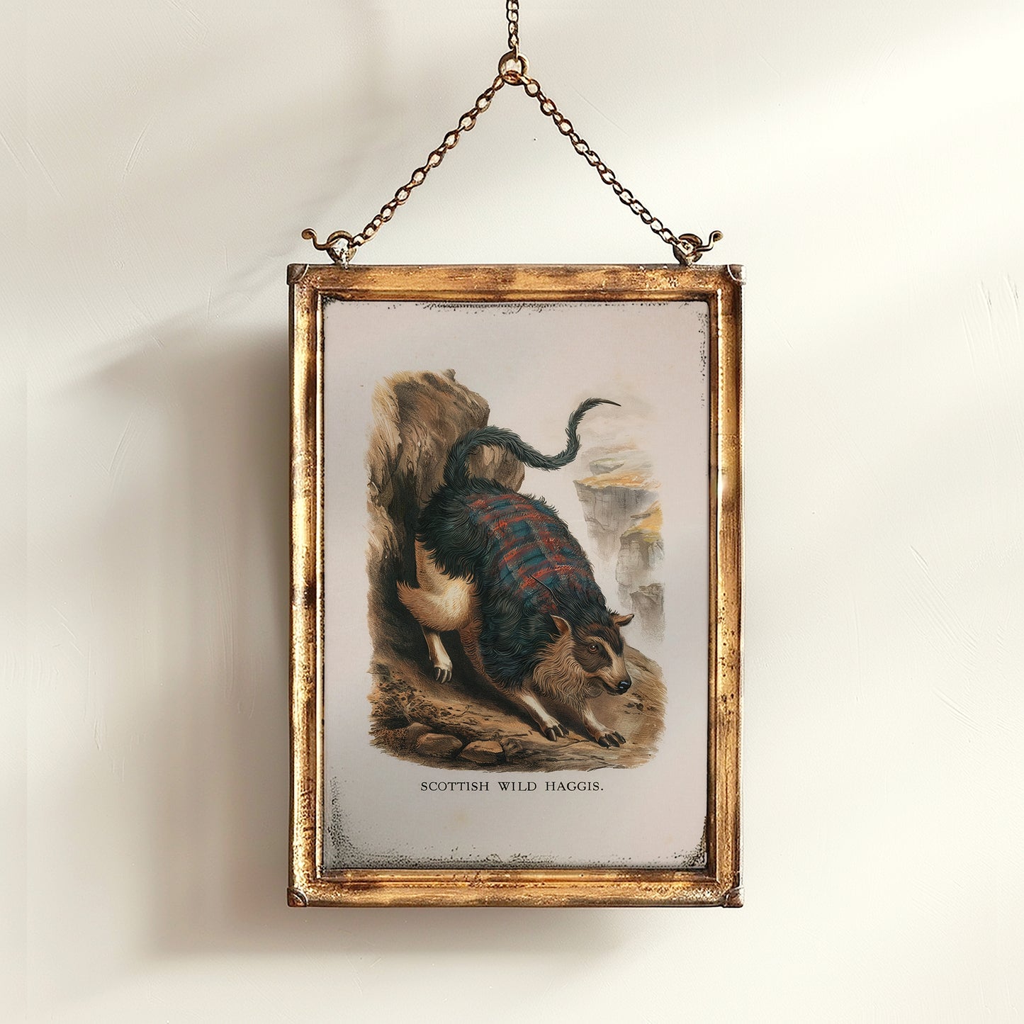 Scottish Wild Haggis Vintage Style Digital Art Print with Tartan Fur for Funny Cryptid Wall Decor and Cottagecore Folklore Poster