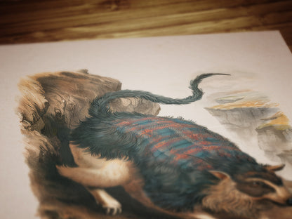 Scottish Wild Haggis Vintage Style Digital Art Print with Tartan Fur for Funny Cryptid Wall Decor and Cottagecore Folklore Poster
