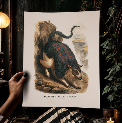 Scottish Wild Haggis Vintage Style Digital Art Print with Tartan Fur for Funny Cryptid Wall Decor and Cottagecore Folklore Poster