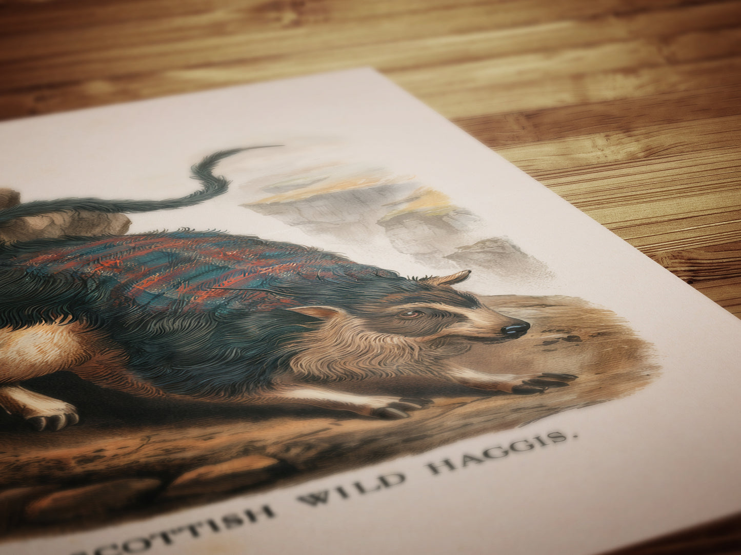 Scottish Wild Haggis Vintage Style Digital Art Print with Tartan Fur for Funny Cryptid Wall Decor and Cottagecore Folklore Poster