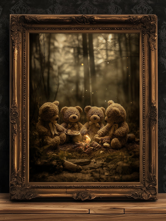 The Teddy's Picnic, Teddy Bear Poster, Campfire in the Woods, Cute Home Decor, Goth Baby Nursery Wall Decor, Dark Academia Decor
