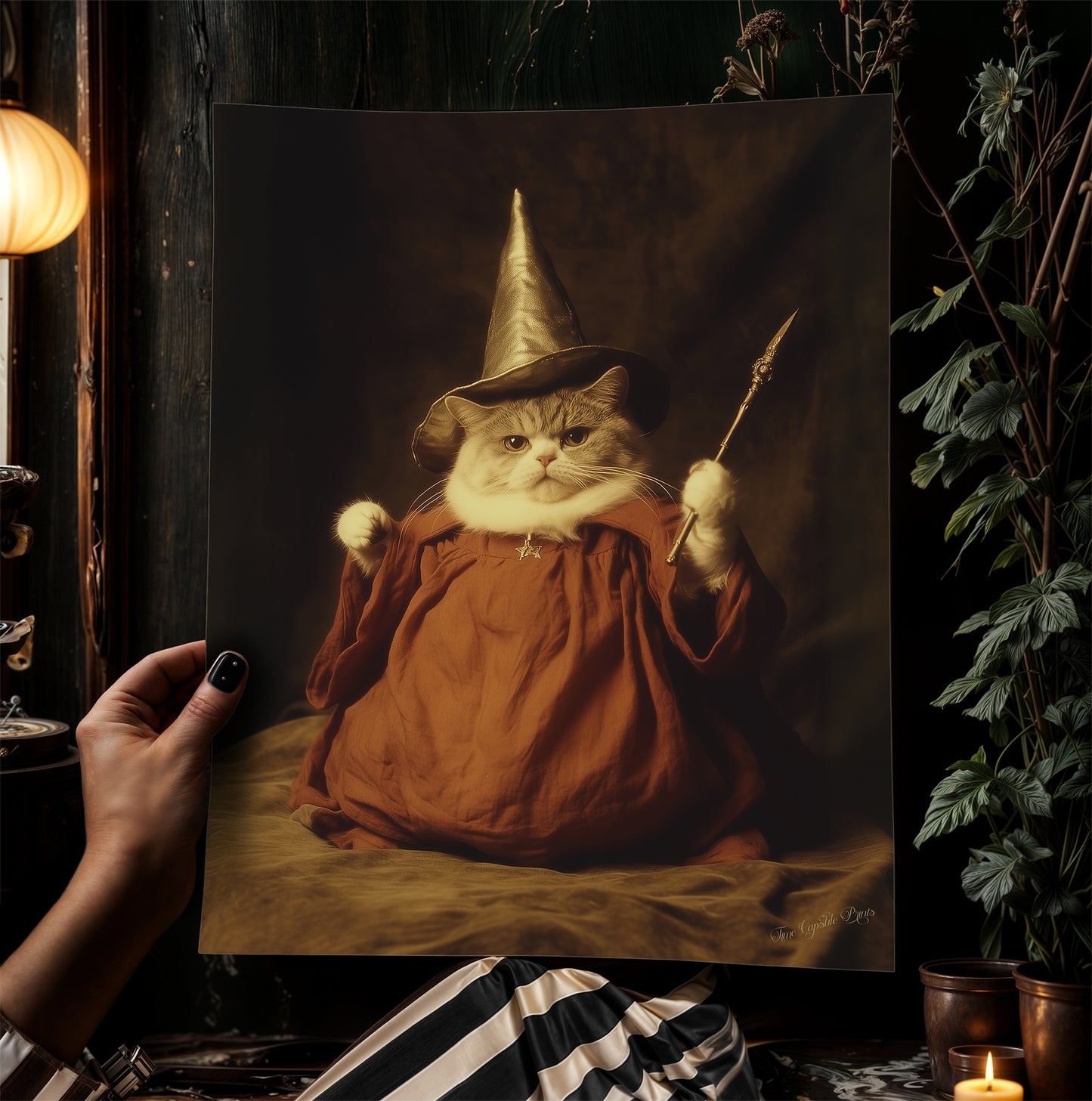 It's LeviOsa! Funny Wizard Fat Cat Wall Art Print with Robes and Wand, Whimsical Animal Lover, Witchcore Decor and Fantasy Gag Poster
